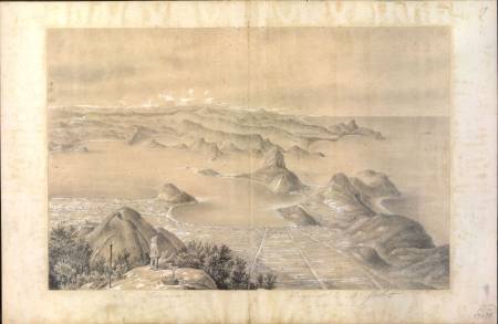 Galot, Théodore Alphonse, n. 1806  Título :Vista de parte da cidade e Bahia do Rio de Janeiro, Barra, Oceano, tirada a cavalleiro do Corcovado, Rio de Janeiro : [s.n.], 1850. 